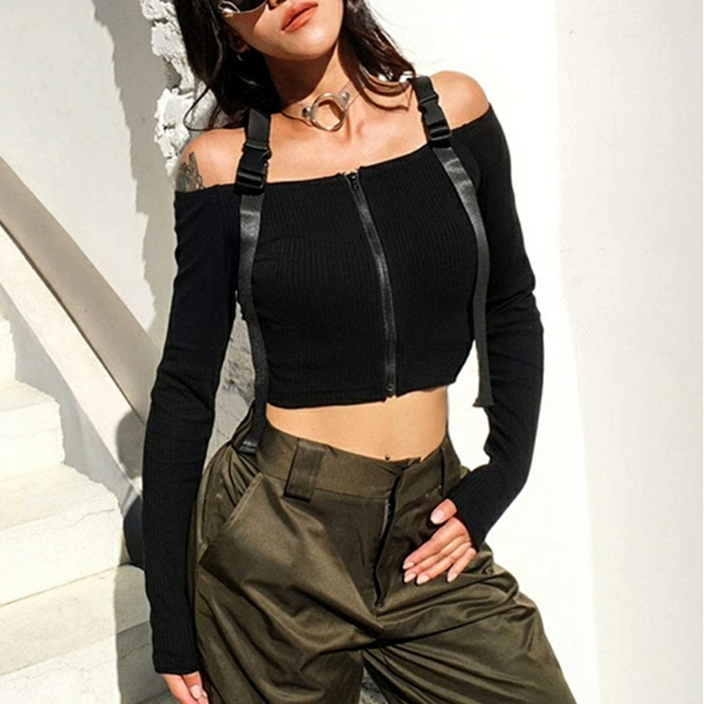 Black Cold Shoulder Ribbed Knitted Crop Top Long Sleeve Streetwear - Picture 3 of 15